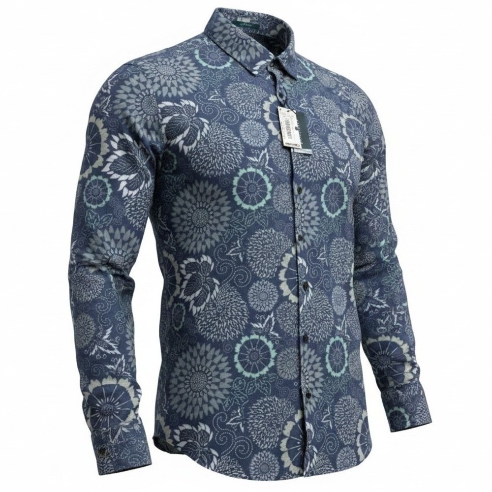 Perry Ellis Button Down Shirt Mens 2X Dark Denim Blue 100% Linen Floral